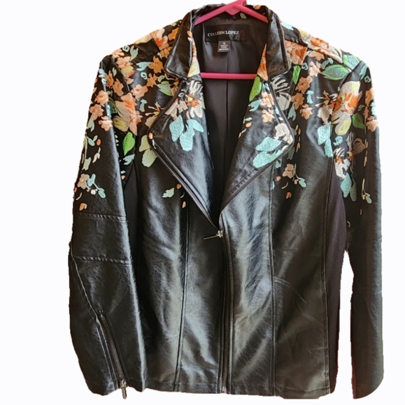 Colleen Lopez Faux Leather Moto jacket Floral print size XL - Picture 2 of 3